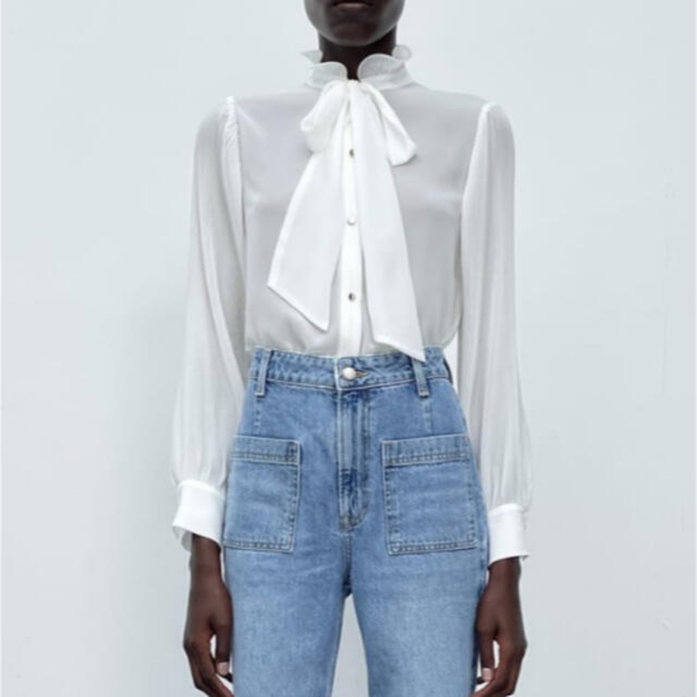 Zara Pleated Sleeve Blouse with Bow Tie